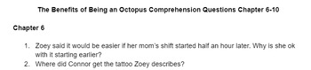 Preview of The Benefits of Being an Octopus Chapters 6-10 Comprehension questions