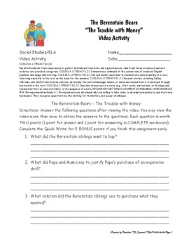 Preview of The Berenstain Bears - The Trouble with Money Video Activity