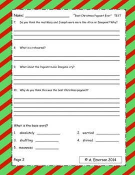 The Best Christmas Pageant Ever Comprehension and Test by Anna Emerson