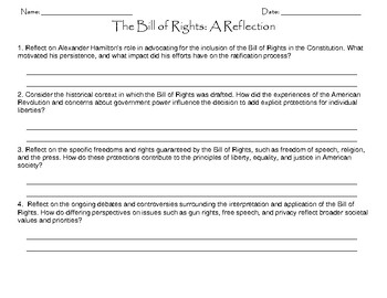 Preview of The Bill of Rights: A Reflection Worksheet