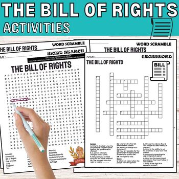 Preview of The Bill of Rights Fun Worksheets,Puzzles,Wordsearch & Crosswords