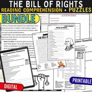Preview of The Bill of Rights ,Reading Comprehension Passage Puzzles,Digital & Print BUNDLE