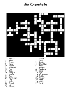 Preview of The Body Parts (die Körperteile) German Crossword Puzzle with Answer Sheet