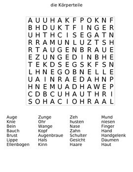The Body Parts (die Körperteile) German Word Search Puzzle with Answer
