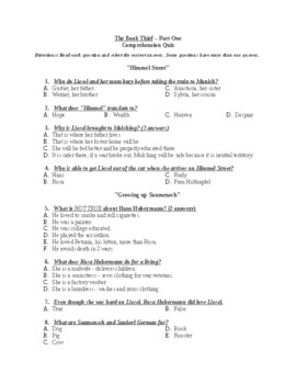 Preview of The Book Thief - PART ONE - Quiz (24 MC Questions)