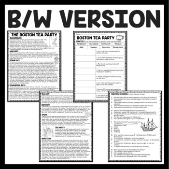 Boston Tea Party Reading Comprehension Worksheet American Revolution