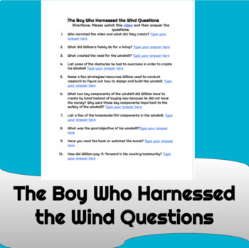 Preview of The Boy Who Harnessed the Wind Engineering Questions Google Docs