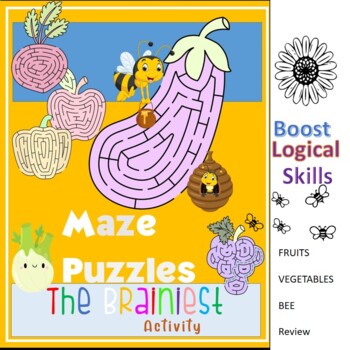 Preview of The Brainiest activity : Maze puzzles Fruits and Vegetables vocabulary Bee theme
