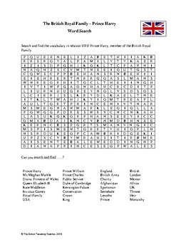 British Royal Family Prince Harry 2018 Word Search TPT