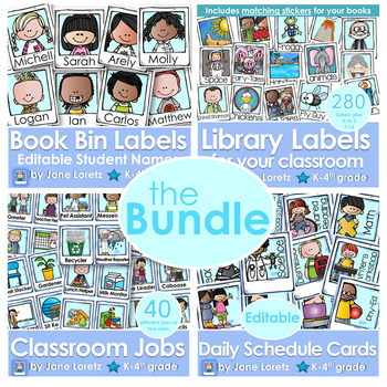 Preview of Classroom Organization-Library Labels, Classroom Jobs, Book Bin, Schedule Cards