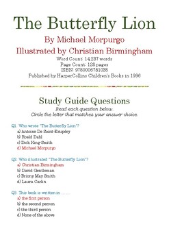 Preview of The Butterfly Lion By Michael Morpurgo; Multiple-Choice Study Guide w/Answer Key