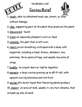 worksheets for 4 grade test math Saguaro  Vocabulary Hotel Cactus  Cactus and The