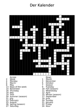 Preview of The Calendar (der Kalender) German Crossword Puzzle with Answer Sheet