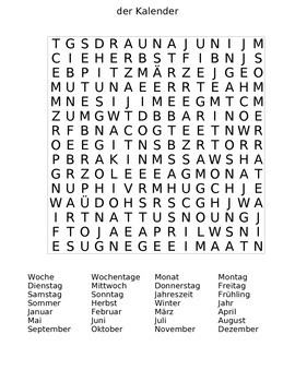 Preview of The Calendar (der Kalender) German Word Search Puzzle with Answer Sheet