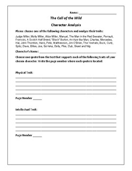 The Call of the Wild Character Analysis Activity Jack London