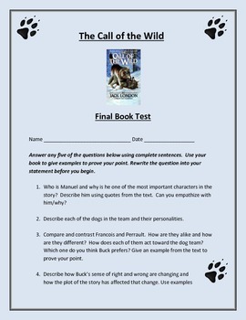 The Call Of The Wild Final Book Test Or Book Report By Academic Learning Coach