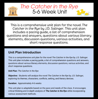 Preview of The Catcher in the Rye 5 - 6 Week Unit