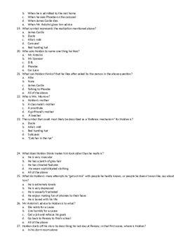 The Catcher In The Rye 60 Question Multiple Choice Test Quiz Tpt