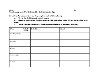 The Catcher In The Rye Vocabulary Worksheet List 1 By Resource Maven