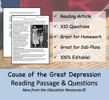 Preview of The Cause of the Great Depression - Reading Passage Worksheet & Ten Questions