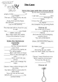 Preview of The Cave - Mumford and Sons Song Worksheet with Answer Key