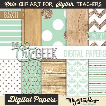 Preview of The Chic Geek Mint, Gold, and Wood Digital Papers