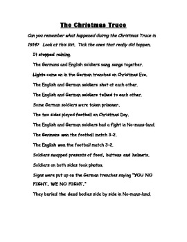 Preview of The Christmas Truce 1914 history recap tick sheet