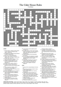The Cider House Rules Vocabulary Crossword Puzzle by M Walsh TpT