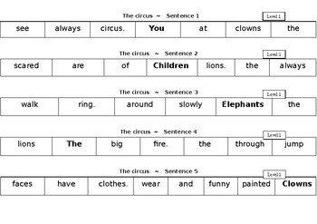 Preview of The Circus Level 1- simple, compound and complex sentence jumbles