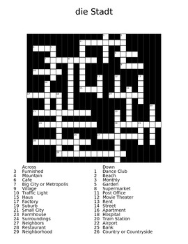 The City (die Stadt) German Crossword Puzzle with Answer Sheet by Corey