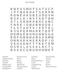 The City (die Stadt) German Word Search Puzzle with Answer Sheet