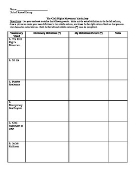 Preview of The Civil Rights Movement Vocabulary worksheet