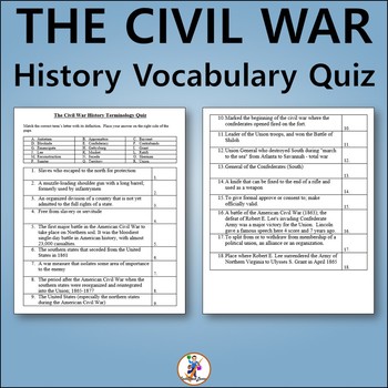 The Civil War US History Vocabulary Quiz - Editable Worksheet | TPT