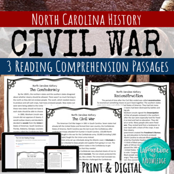 Preview of The Civil War in North Carolina 3 Reading Comprehension Passages PRINT & DIGITAL