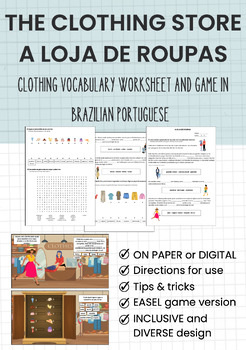 Preview of The Clothing Store (Loja de Roupas): VOCABULARY WORKSHEET & EASEL GAME