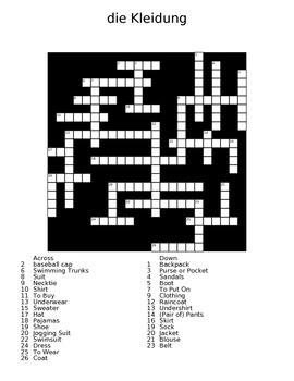 Preview of The Clothing (die Kleidung) German Crossword Puzzle with Answer Sheet