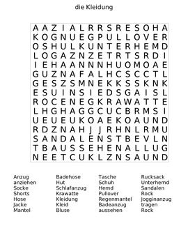 Preview of The Clothing (die Kleidung) German Word Search Puzzle with Answer Sheet
