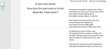 Preview of The Clown Punk by Simon Armitage workbooklet