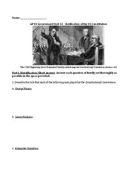 Preview of AP®US Government Unit 1.5 - Ratification of the Constitution (Short Answer, T/F)