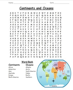 Preview of The Continents Wordsearch, Crossword, and Fill-in