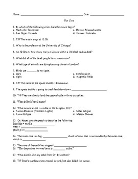 Preview of The Core Movie Worksheet