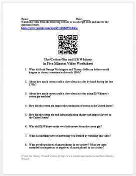 The Cotton Gin and Eli Whitney in Five Minutes Video Worksheet | TpT