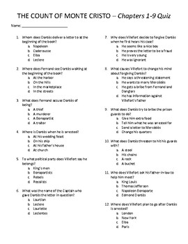 The Count Of Monte Cristo Quizzes Chapters 1 10 With Answer Key