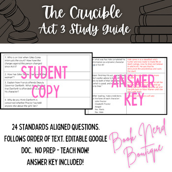 Preview of The Crucible Act 3 Reading Guide & Answer Key