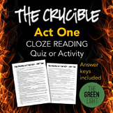 The Crucible Act One Quiz and Cloze Reading Activity Worksheet