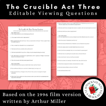 Preview of The Crucible Act Three Movie Viewing Questions 