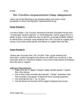 the crucible argumentative essay prompts