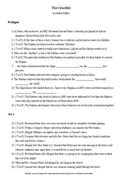 Preview of The Crucible Arthur Miller 156 Question Guided Reading Pack and 3 Wordsearches