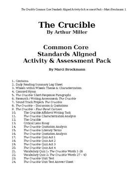 Preview of The Crucible - Common Core Standards Aligned Activity & Assessment Pack