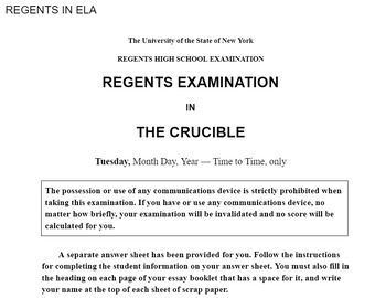 Preview of The Crucible - ELA Regents Examination Multiple Choice Practice